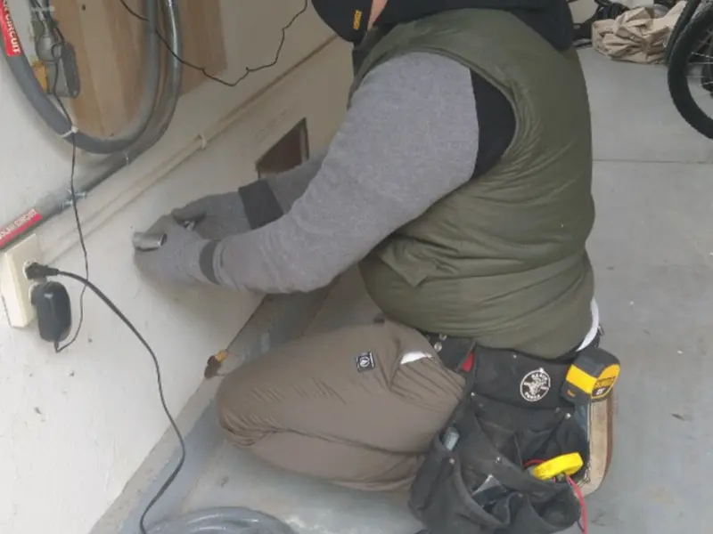 Electrician performing outlet wiring in a Holland garage